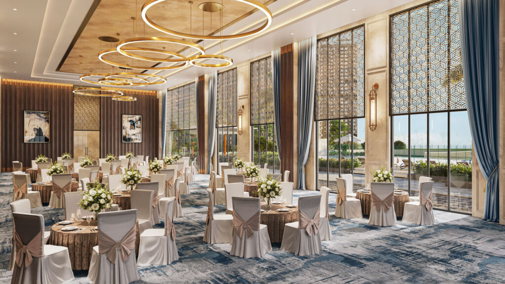 banquet public space ,rendering for steller one noida , 3d rendering agency india