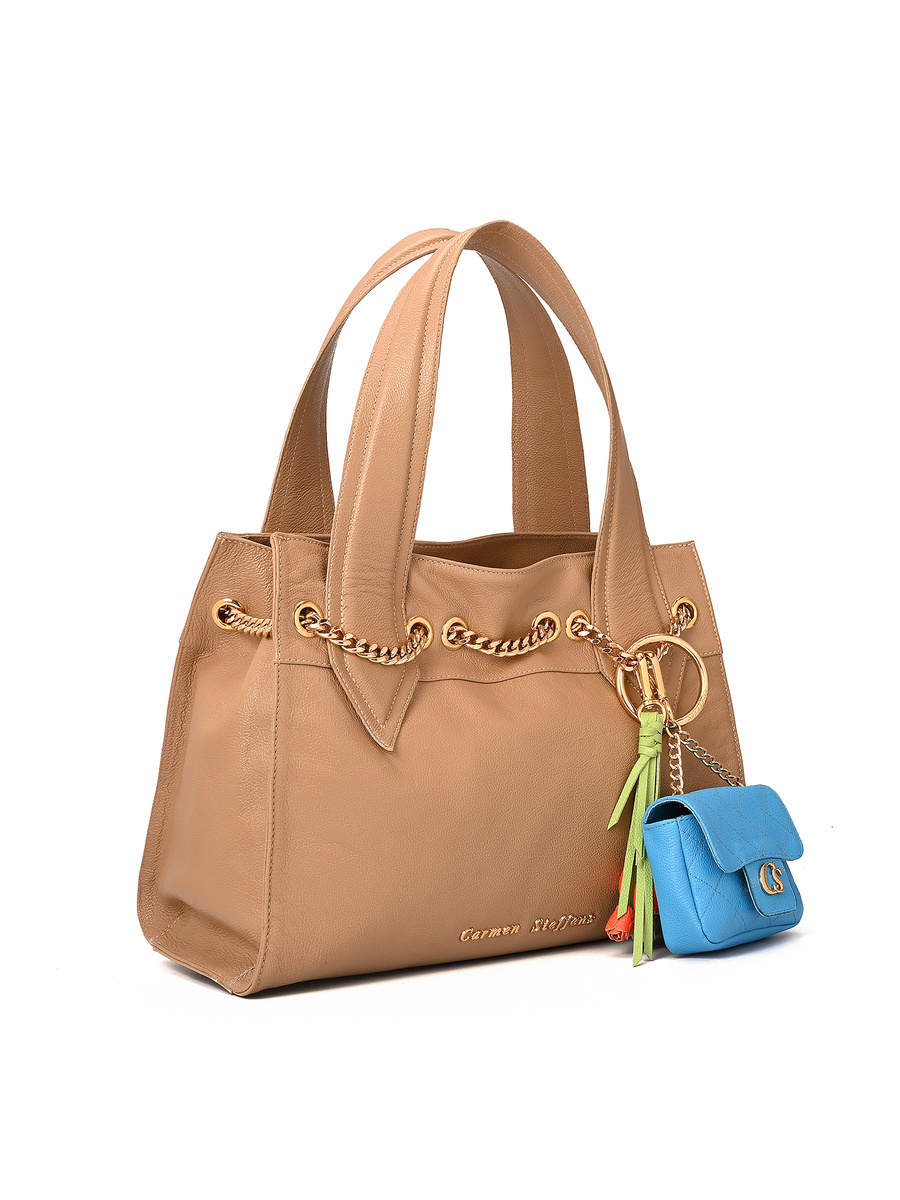 Beige Camel Shoulder Bag with Charm Bag