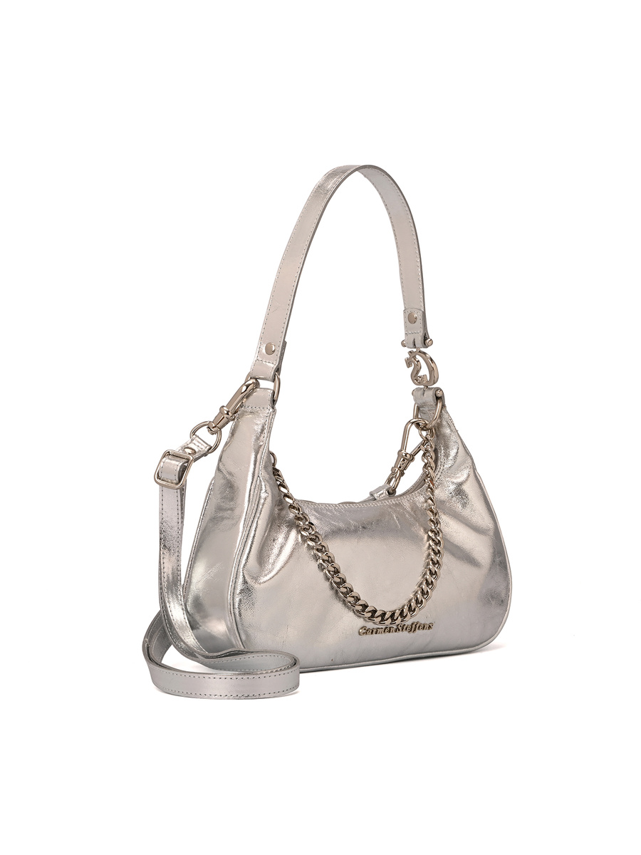 Half-Moon Silver Leather Bag with Chain