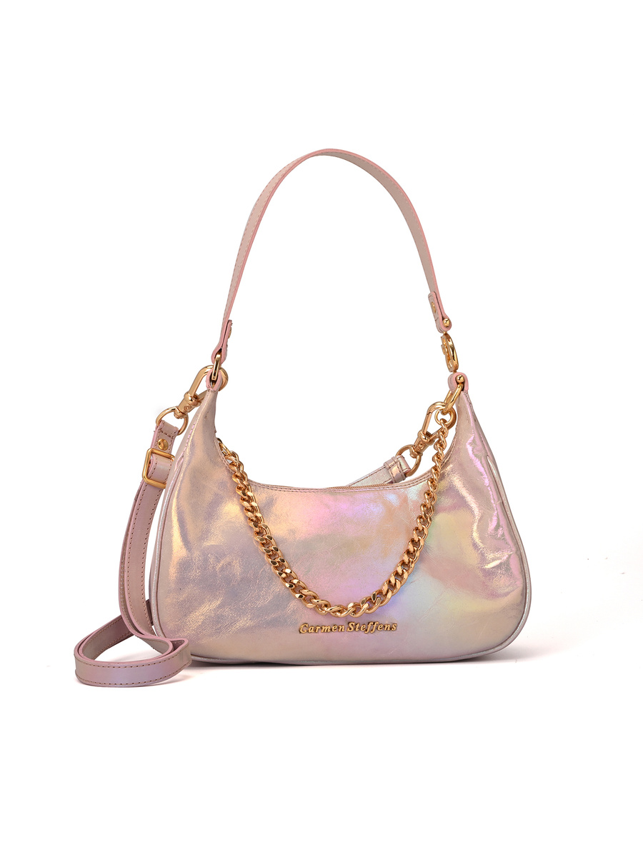 Iridescent Leather Half-Moon Bag with Chain