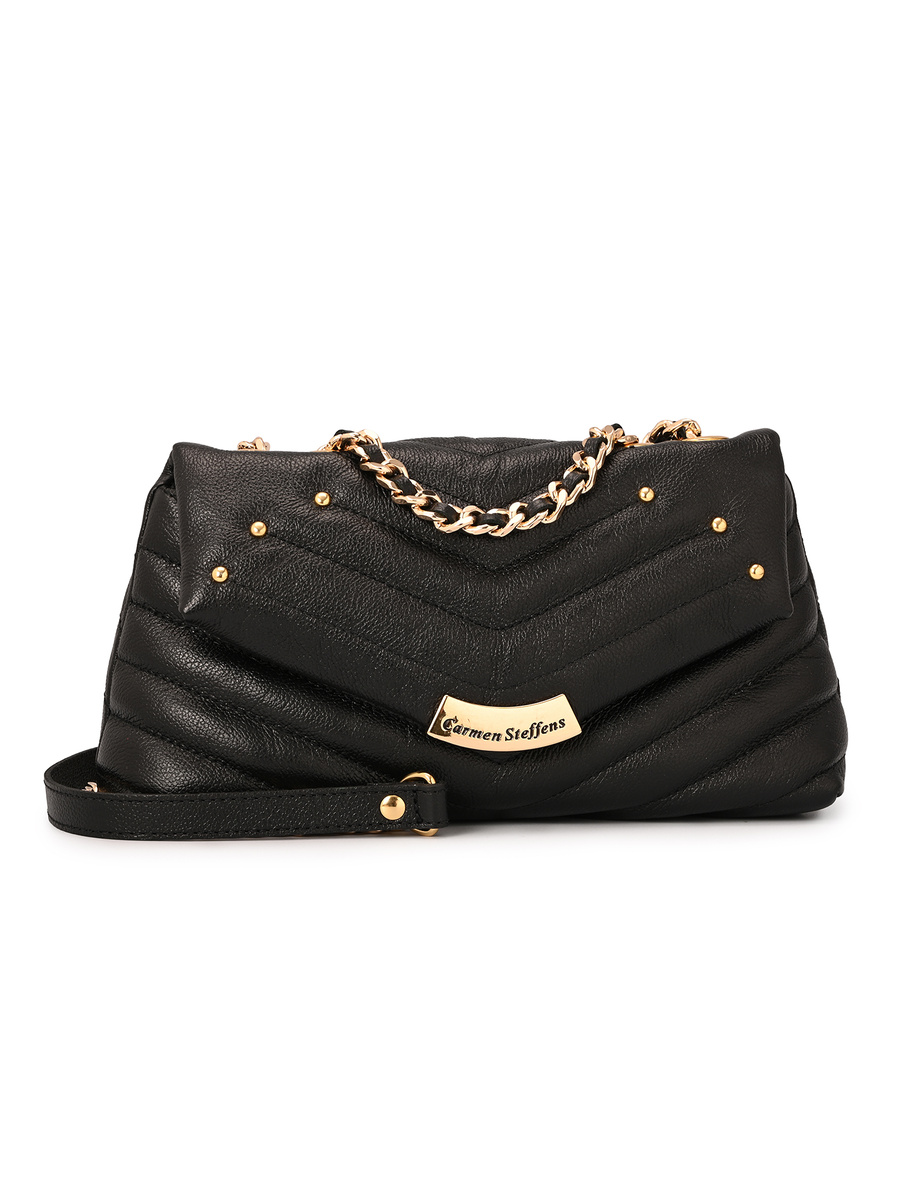 Black Quilted Leather Bag with Metal Application