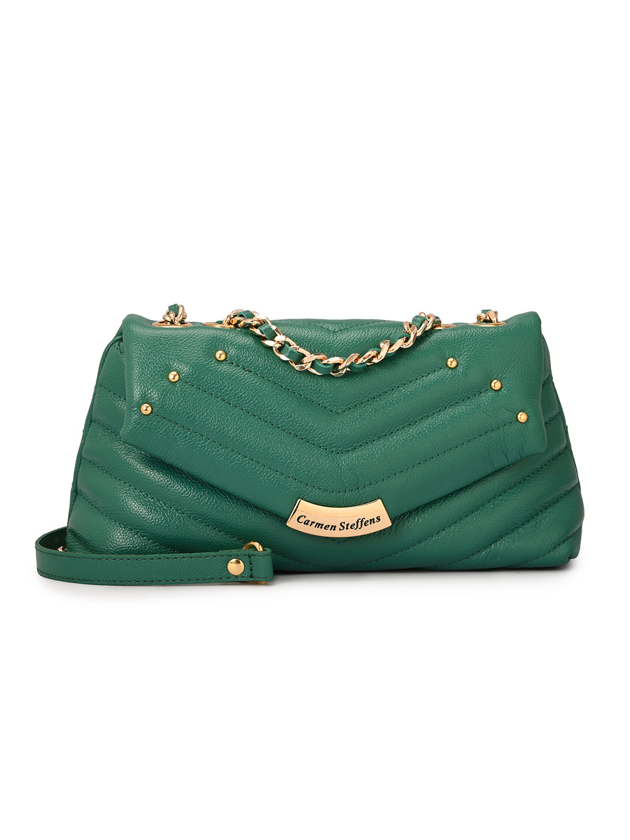 Eucalyptus Green Quilted Leather Bag with Metal Application