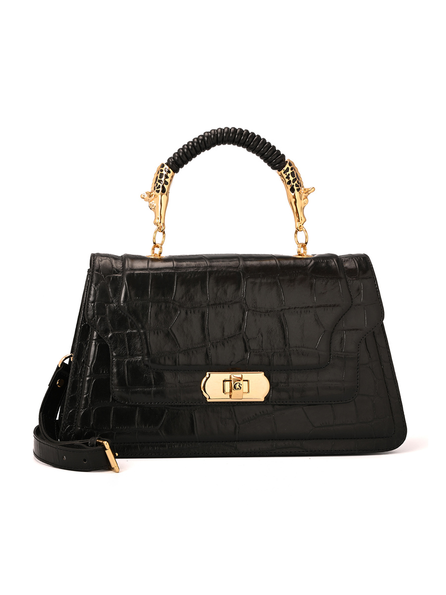 Black Croco Leather Top Handle Bag