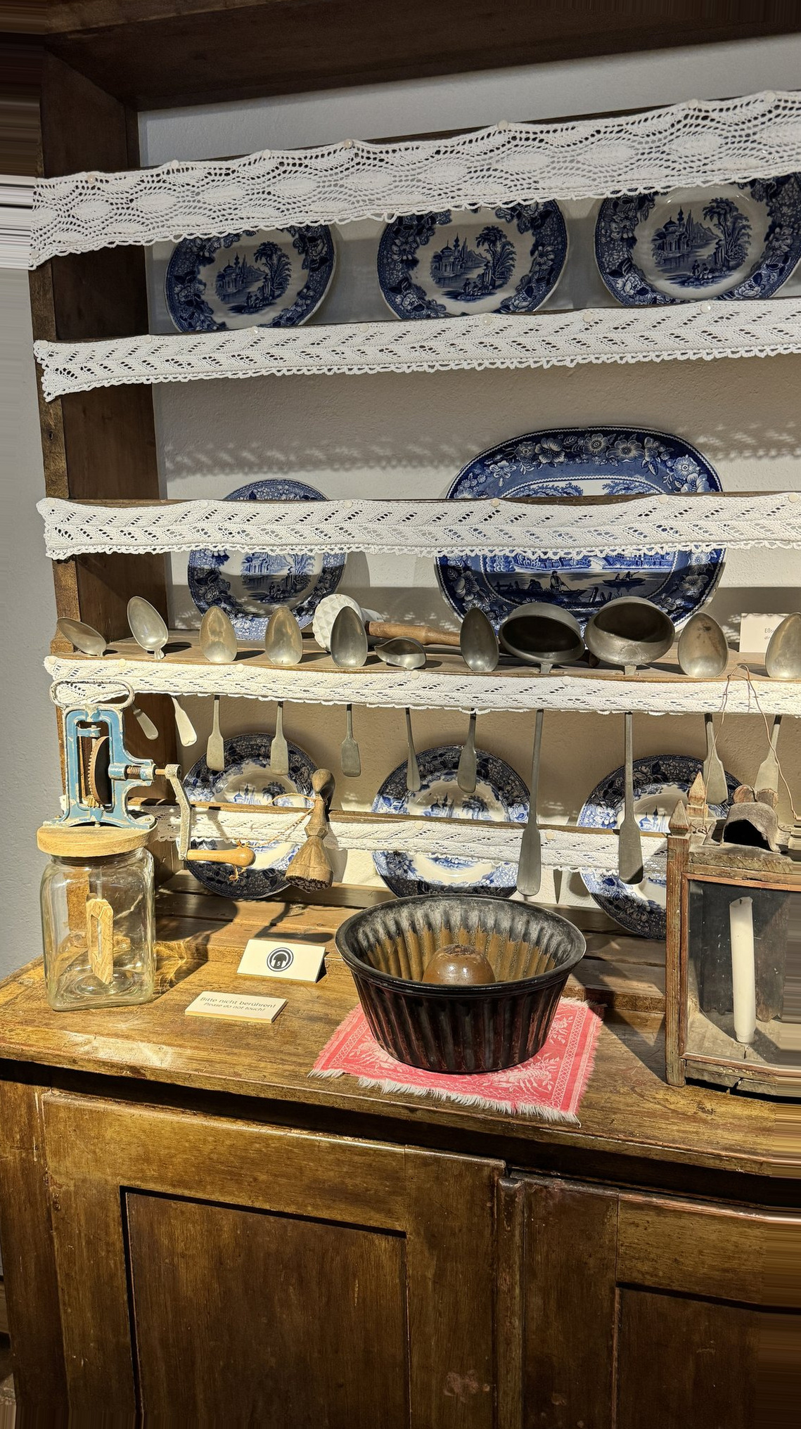 Warnemunde Germany Cruise Port - Wooden Shelving Antique Crockery Display - 05-29-2024 - Vertical.jpg