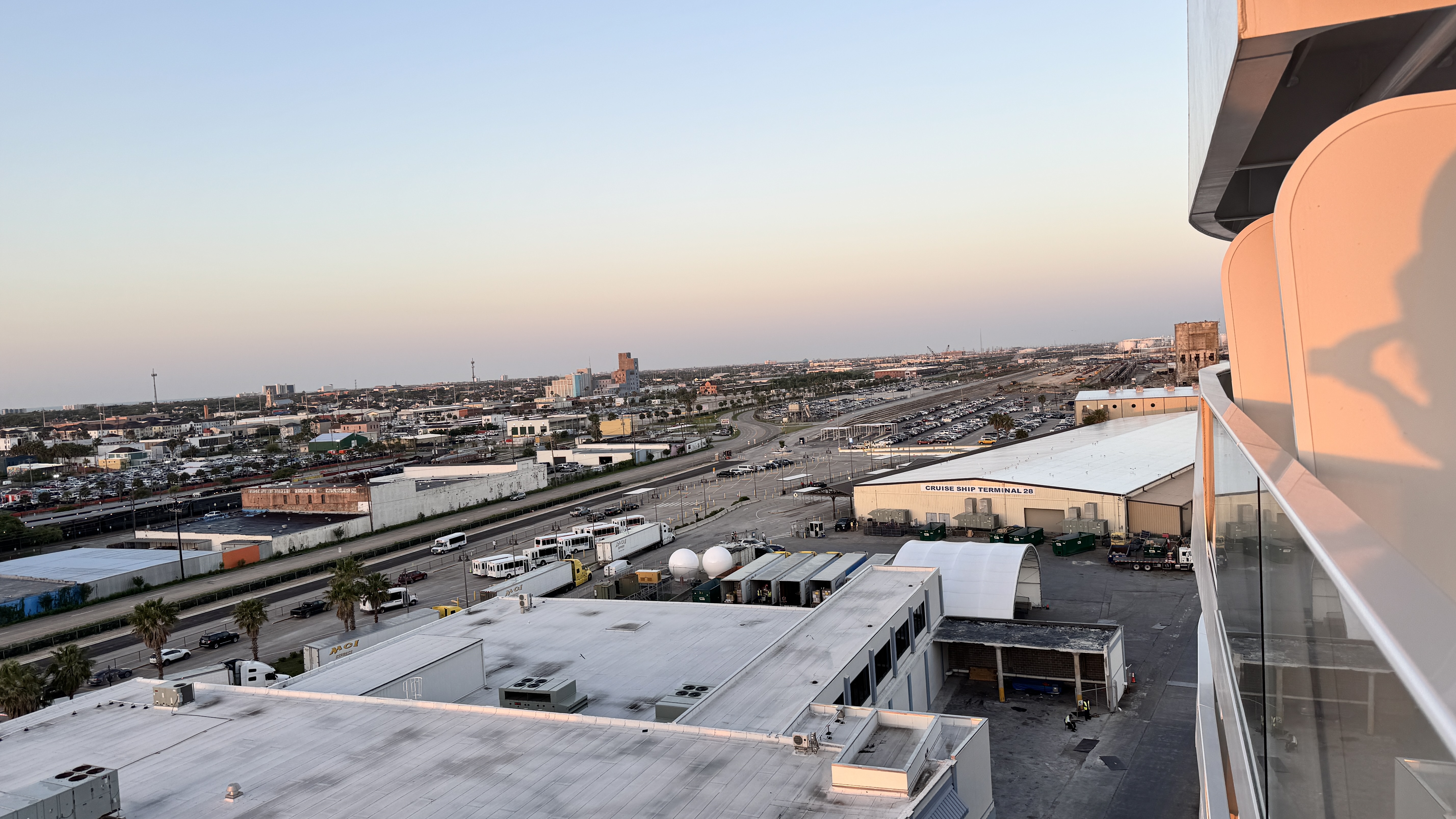 Carnival Jubilee cruise ship docked at the Port of Galveston cruise terminal at sunrise