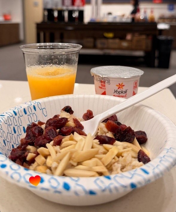 Free hot breakfast spread with oatmeal and juice at the Cape Canaveral cruise port hotel