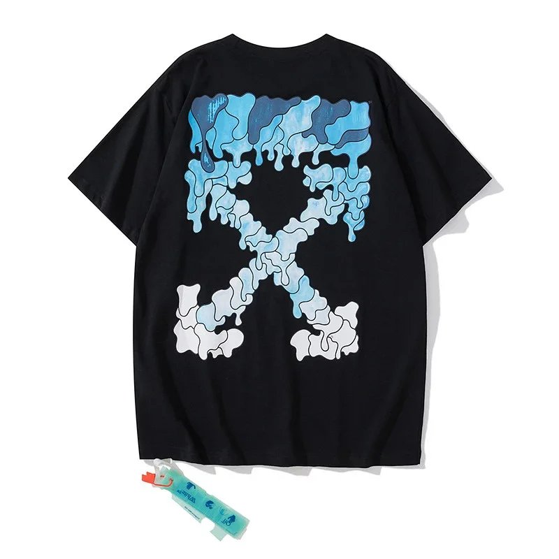 Off-White Summer Blue Arrow Graffiti Print T-Shirts