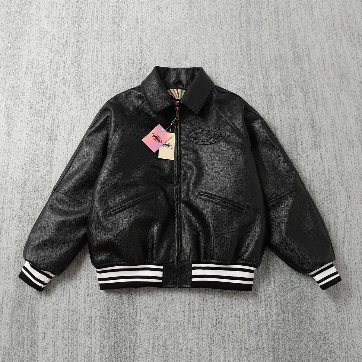 Corteiz Alcatraz Logo Embroidered Leather Bomber Jacket