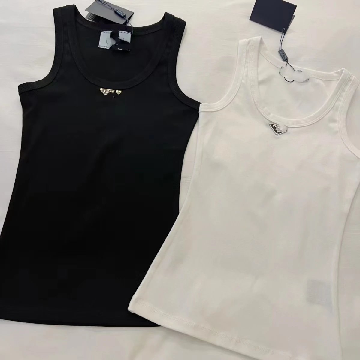 Prada Ribbed Knit Cotton Tank Top with Enamel Triangle Logo