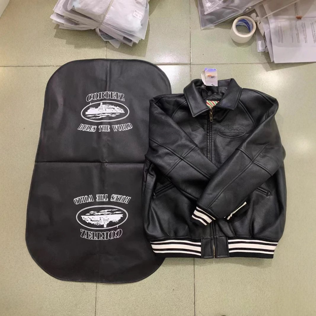 Corteiz Alcatraz Logo Embroidered Leather Bomber Jacket qc 1