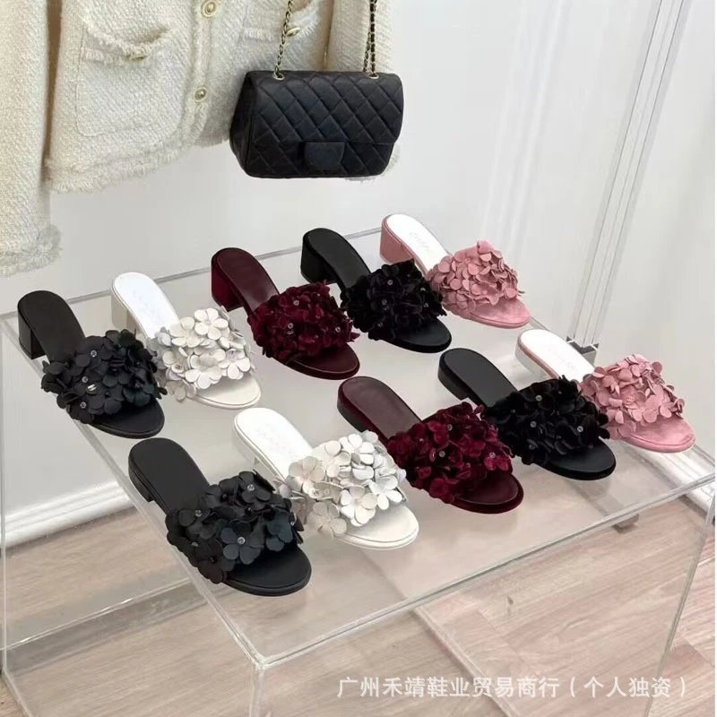 Chanel Lambskin Camellia Slide Sandals qc 1