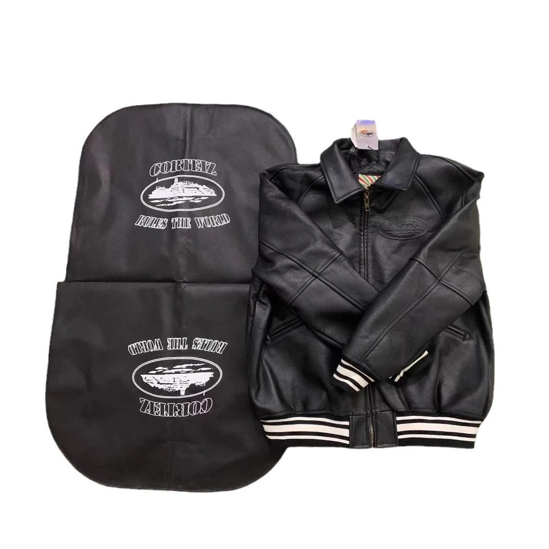 Corteiz Alcatraz Logo Embroidered Leather Bomber Jacket qc 4