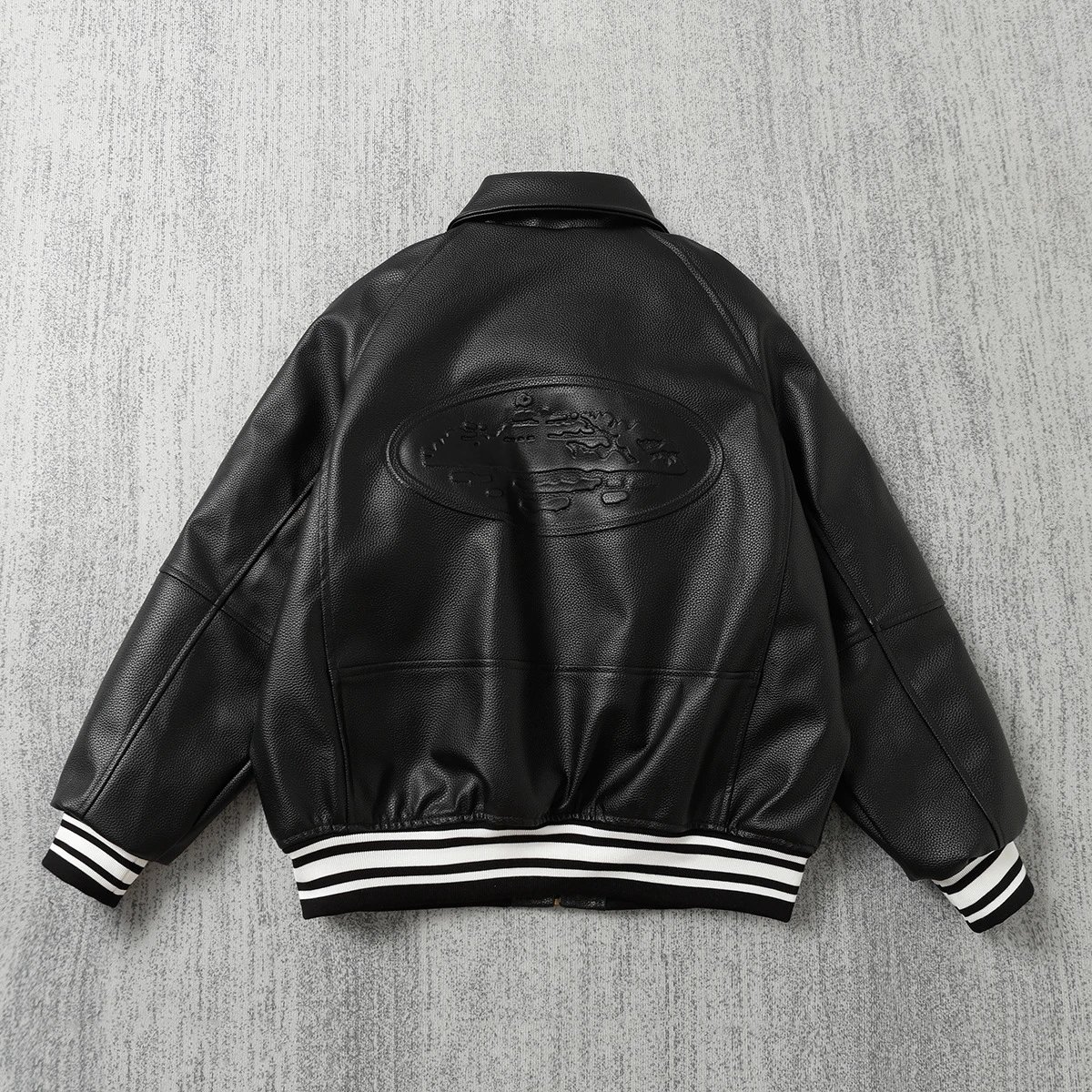 Corteiz Alcatraz Logo Embroidered Leather Bomber Jacket qc 2