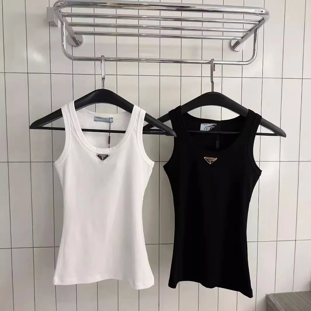 Prada Ribbed Knit Cotton Tank Top with Enamel Triangle Logo qc 2