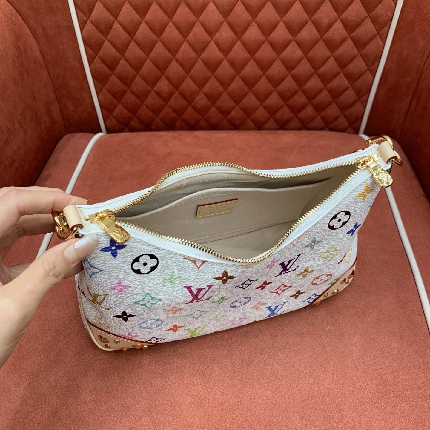 The Louis Vuitton Boulogne PM features White Monogram Multicolore. qc 6
