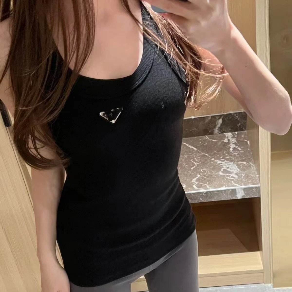 Prada Ribbed Knit Cotton Tank Top with Enamel Triangle Logo qc 1