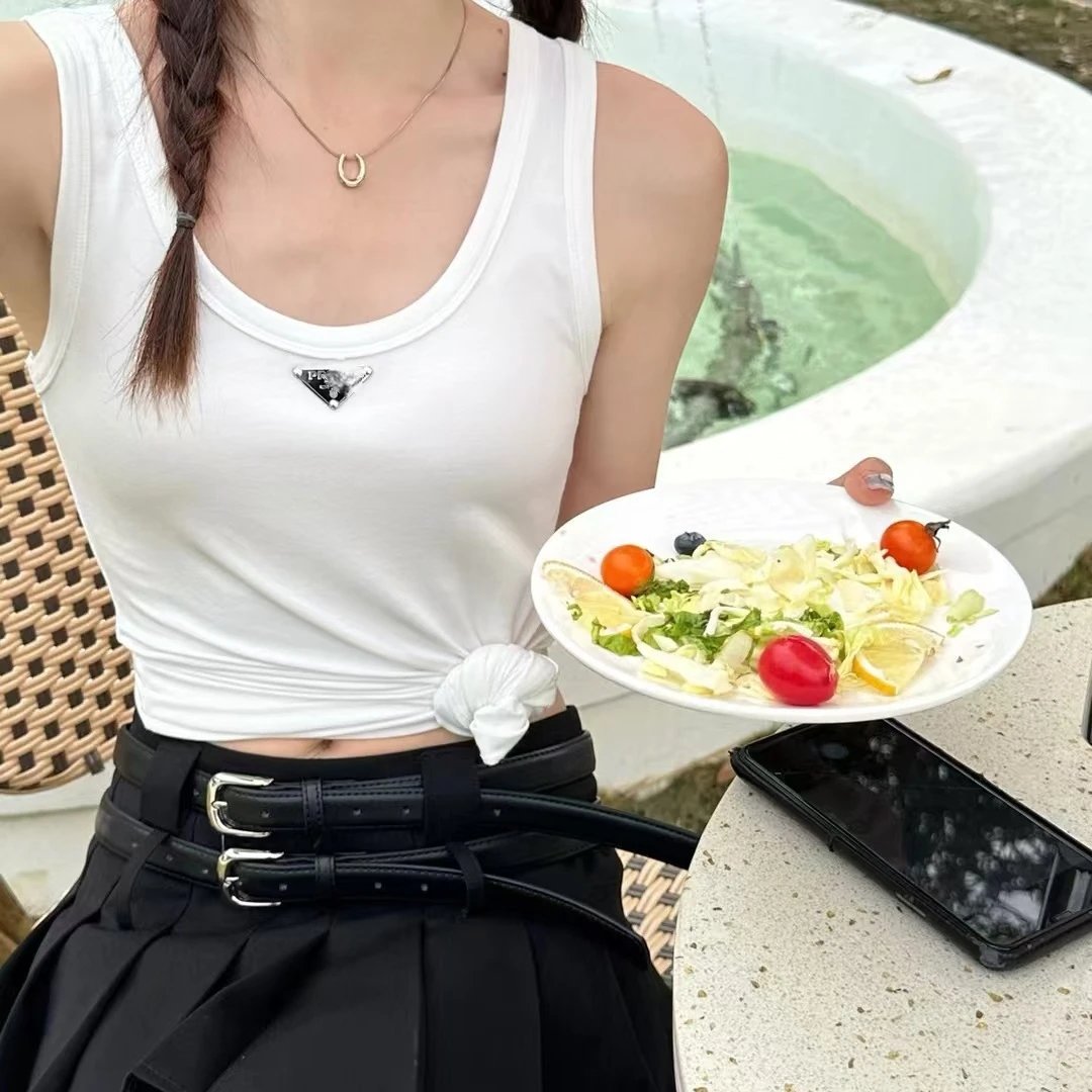 Prada Ribbed Knit Cotton Tank Top with Enamel Triangle Logo qc 3