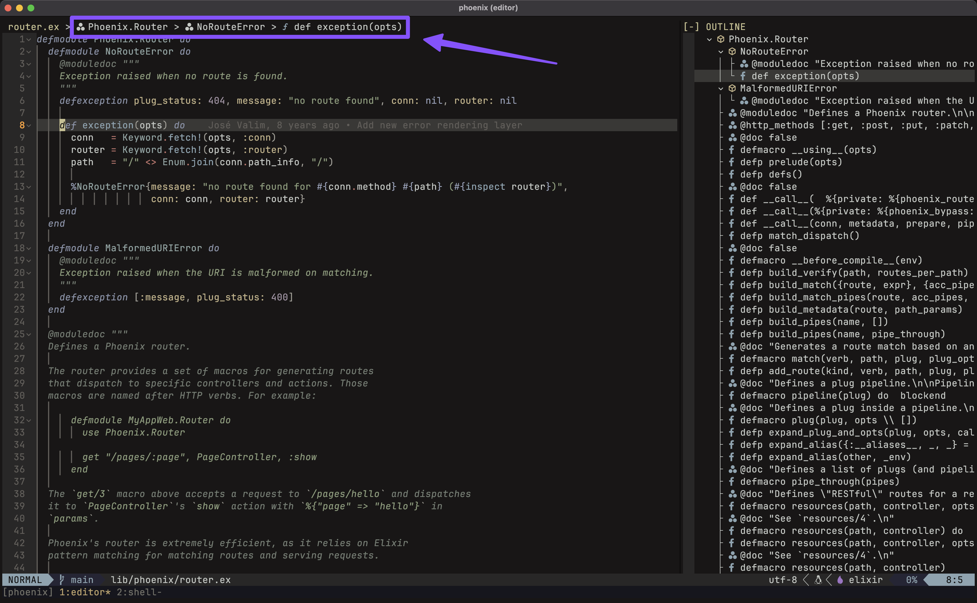 Demonstration of symbol breadcrumbs of Elixir code, powered by Next LS