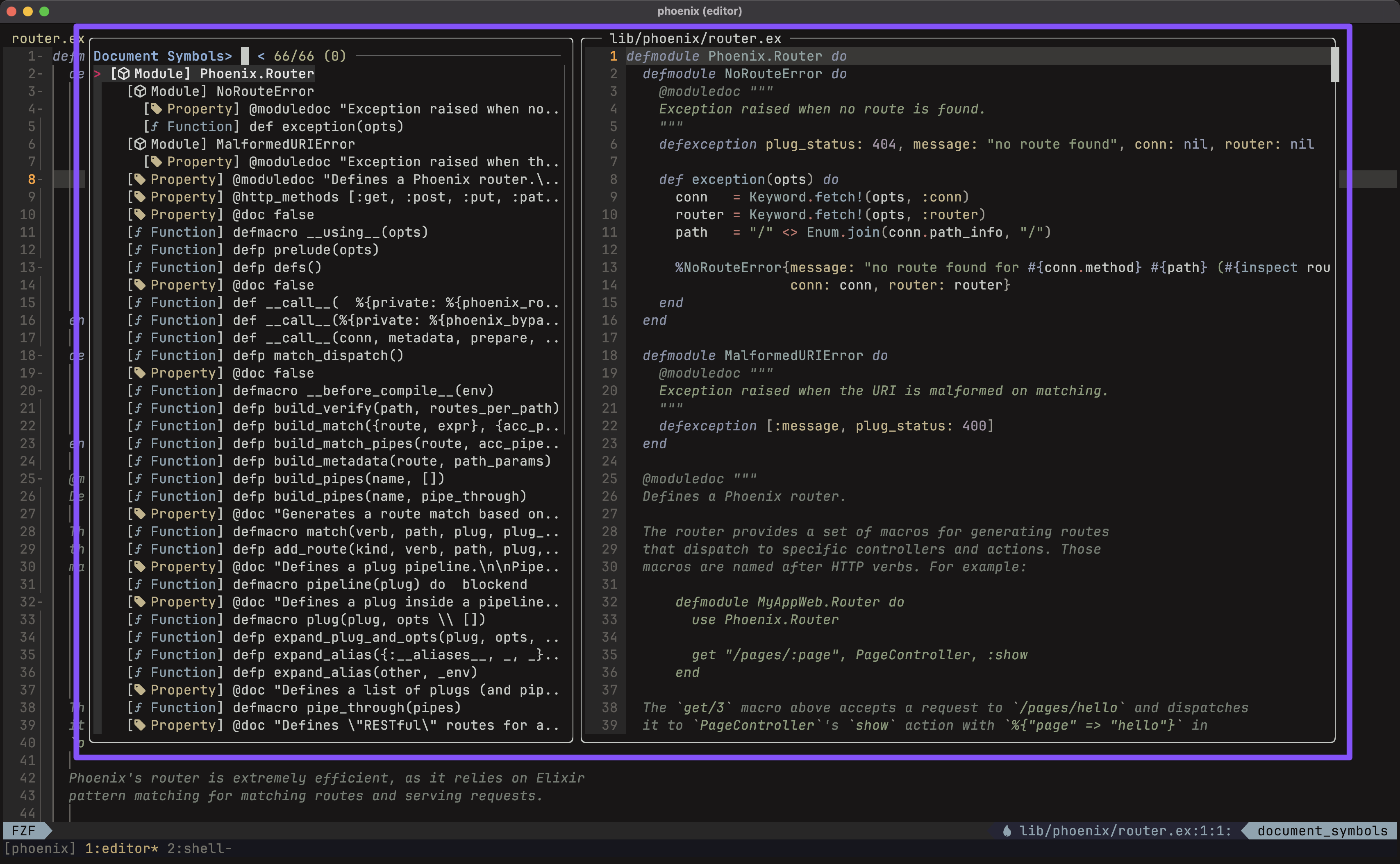 Demonstration of symbol fzf of Elixir code, powered by Next LS