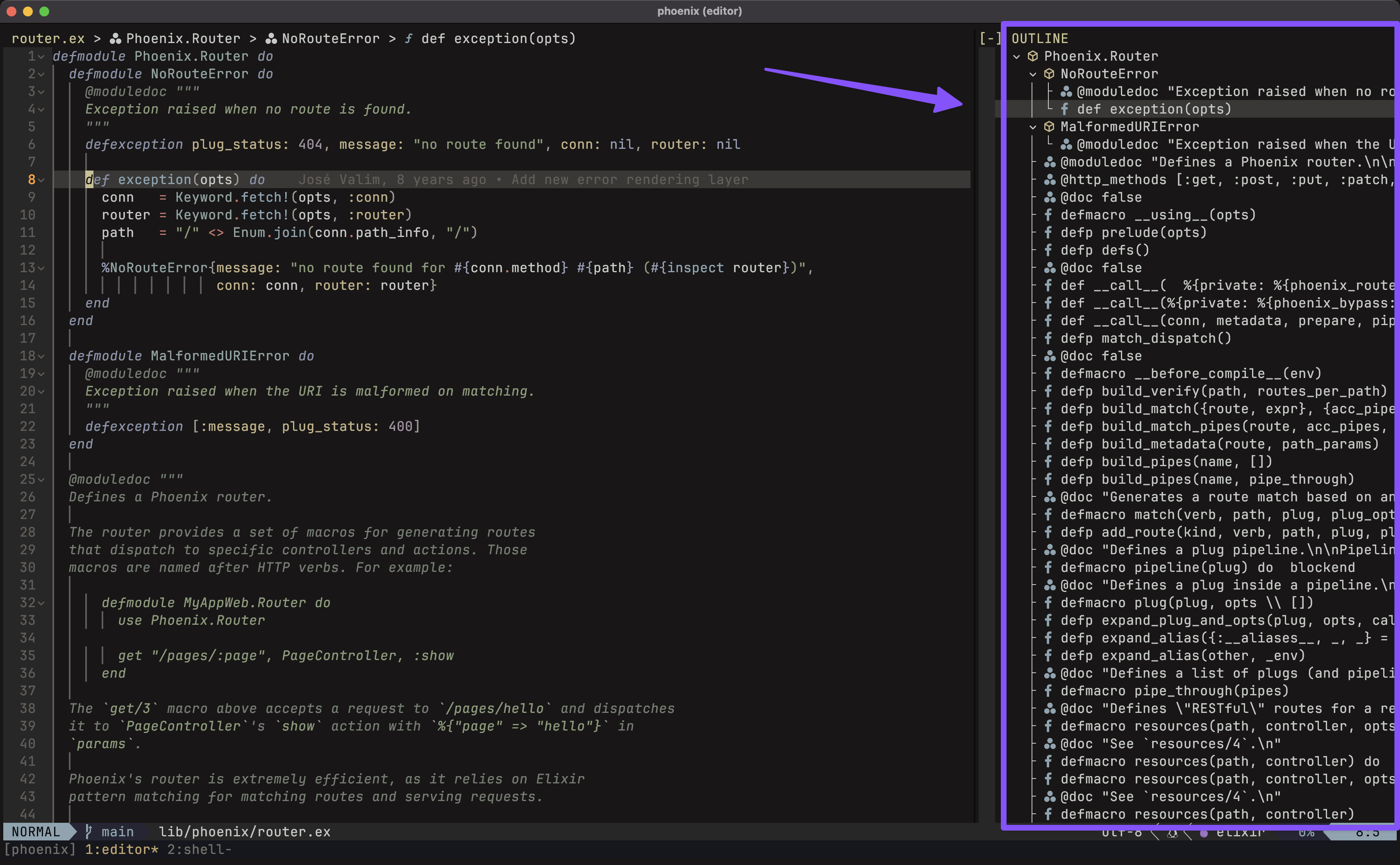 Demonstration of symbol outline of Elixir code, powered by Next LS