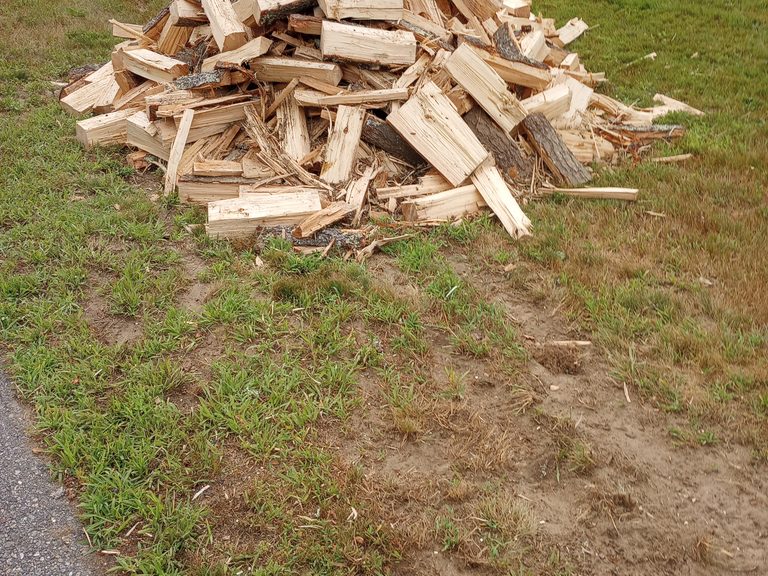 Fresh split firewood pile near a driveway