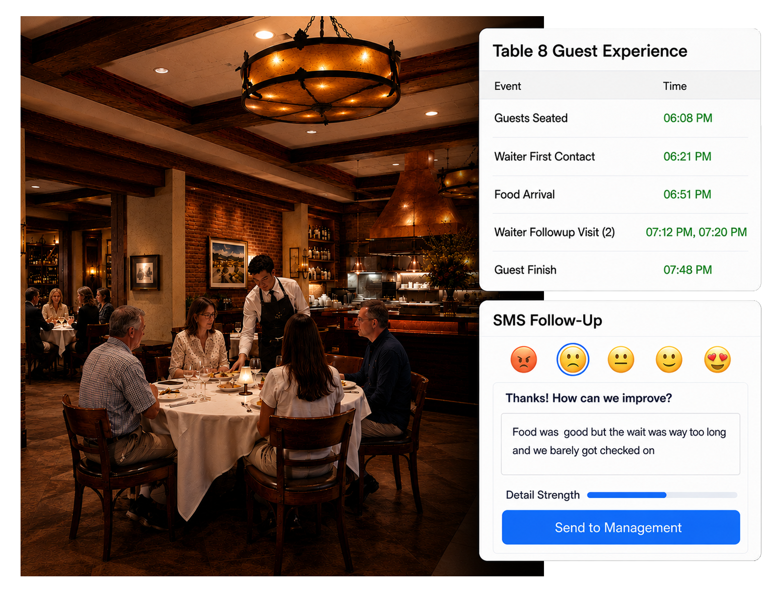 Restaurant table view showing seated-time tracking, waiter contact timing, visit cadence, and guest feedback routing