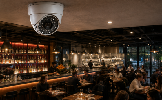 Illustration of existing restaurant camera hardware connected to AI review signals