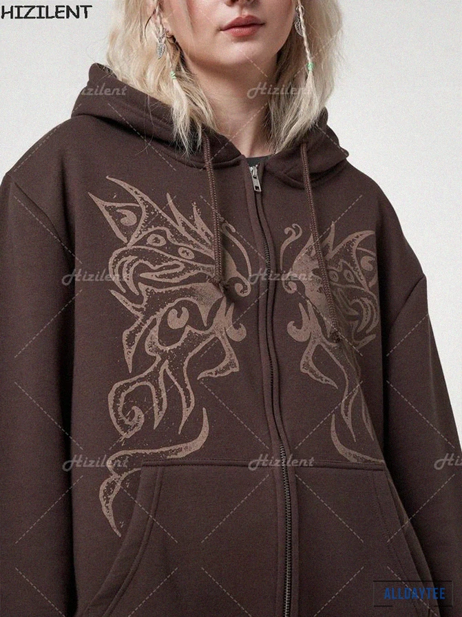 Alldaytee - Printed Hoodie - American Fashion Fairy Grunge Angel Wings Print Anime Men Women Long - Sleeved Zip Hoodie Jacket Loose Oversized Y2K Woman Clothes Alx