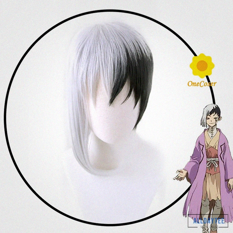 Alldaytee - Featured Product - Anime Dr.Stone Asagiri Gen Cosplay Wig Short Black And White Wig Heat
