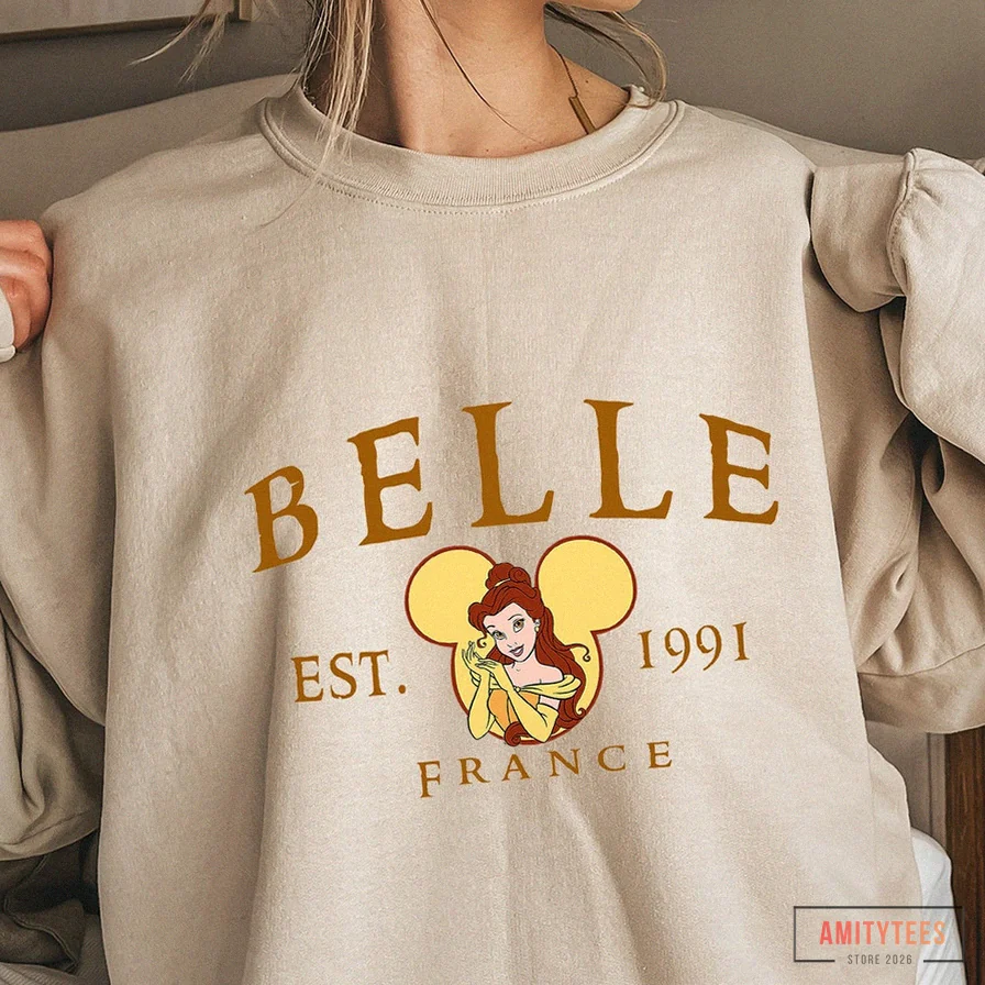 Amitytees - Fleece Sweatshirt - Disney Belle Sweatshirt - Disney Princess Sweat - Princess Sweatshirt - Belle Sweatshirt - Disneyland Sweatshirt - Disney World Sweatshirt