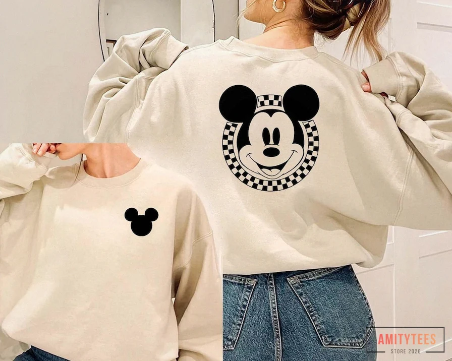 Amitytees - Fleece Sweatshirt - Mickey Mouse Sweatshirt - Mickey Sweatshirt - Couples Disney Sweatshirt - Retro Disney Sweatshirt - Checkered Mickey Sweatshirt - Couple Sweaters