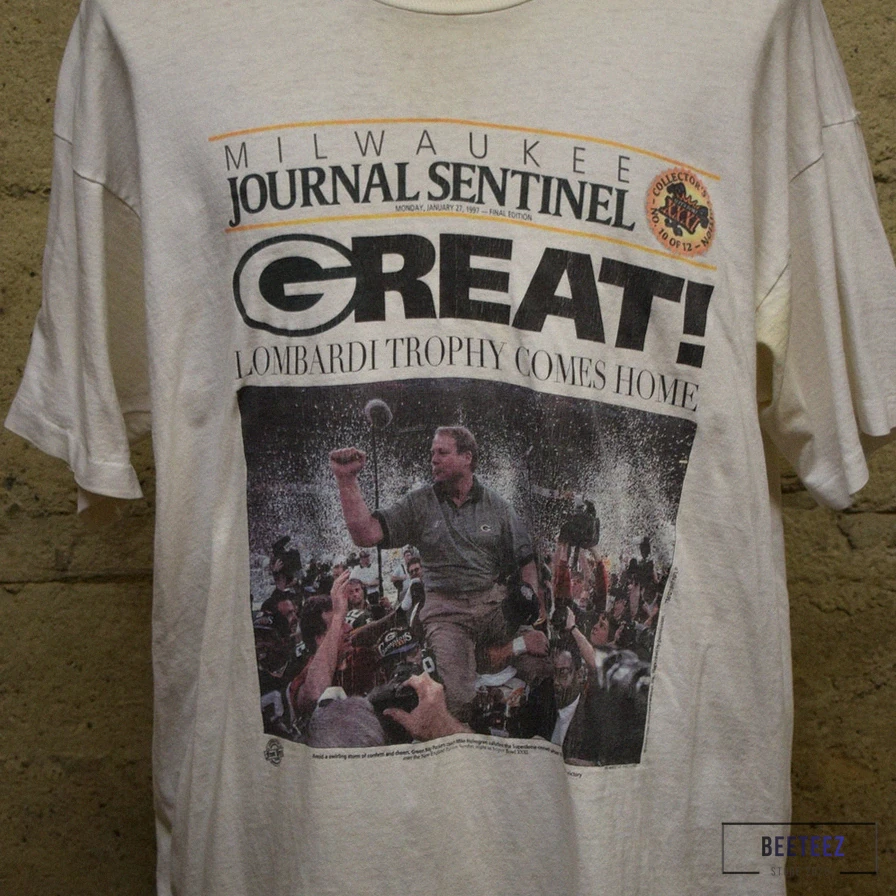 Beeteez - Printed T - Shirt - Rare Vintage 90S Green Bay Packers 1997 Super Bowl Single Stitch Newspaper Nfl Football T Shirt Xxl