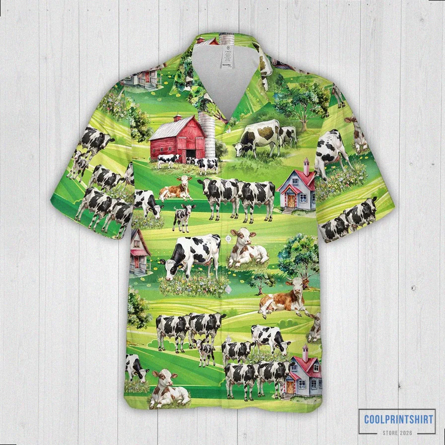 Coolprintshirt - Printed T - Shirt - Cow Farm Hawaiian Shirt For Men Women - Grazing Cows Button Up Shirt For Cow Lovers - Countryside Aloha Shirt For Farm Lover - Gift For Farmer