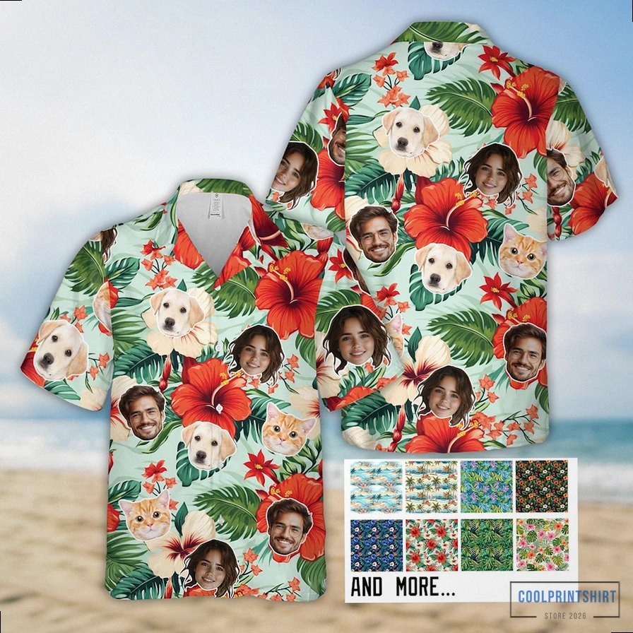 Coolprintshirt - Printed T - Shirt - Personalized Tropical Pattern Hawaiian Shirt With Face - Custom Pet Photo Summer Button Up Shirt - Summer Beach Shirt For Men Women - Pet Lover