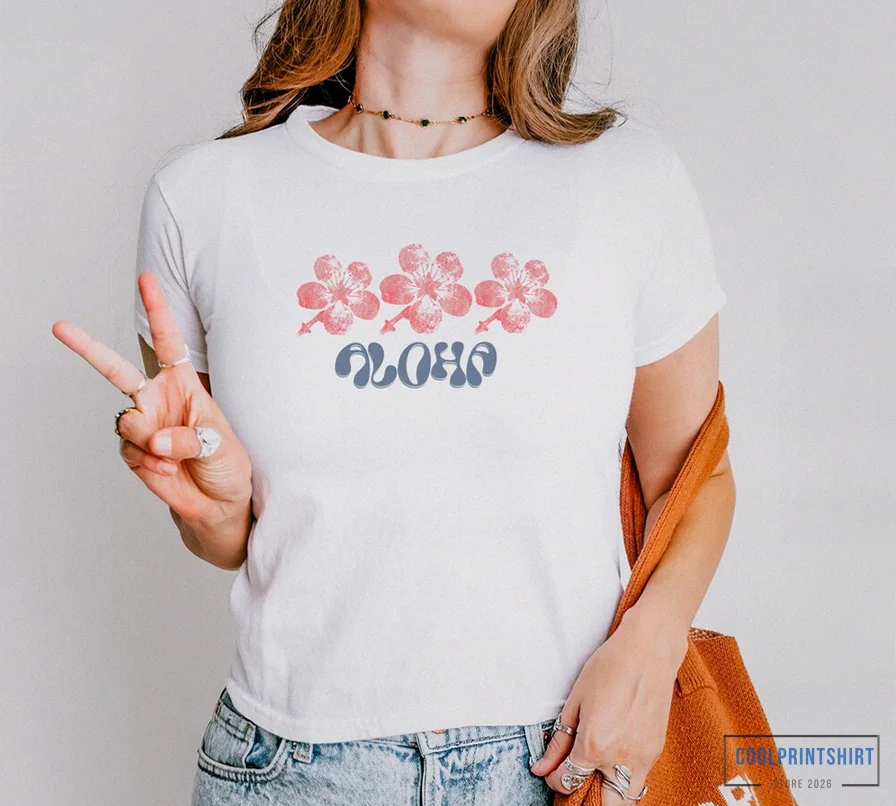Coolprintshirt - Printed T - Shirt - Hawaiian Hibiscus Baby Tee - Aloha Floral Crop Top - Hawaiian Shirt - Gen Z Shirt - Y2K Baby Tee - Retro Shirt - Graphic Baby Tee - Gift For Her