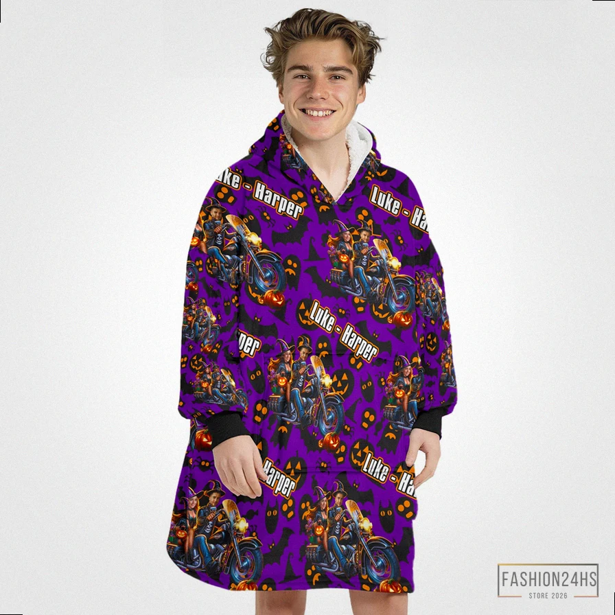 Fashion24Hs - Warm Blanket - Personalized Face & Name Harley Motor Biker Couple Halloween Snug Oversized Wearable Hoodie Blanket
