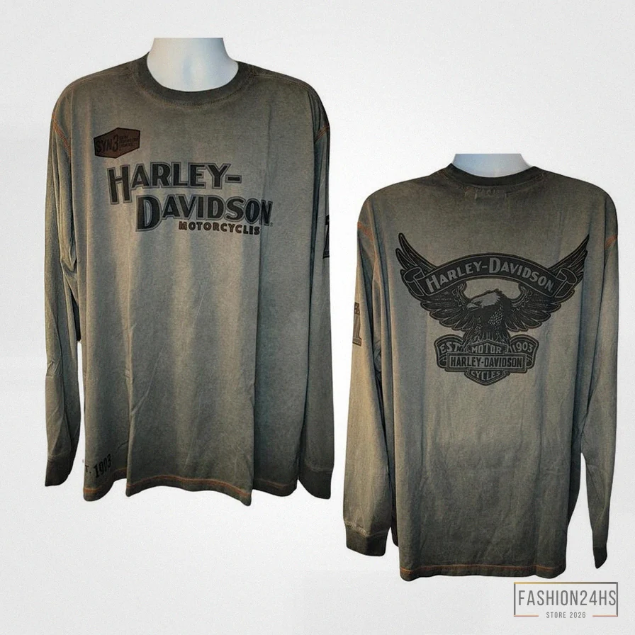 Fashion24Hs - Comfortable Long Sleeve - Harley Davidson Long Sleeve Vintage Tee - Charcoal Gray - Back Print - Mechanic Pullover - Cuff Sleeves - High Quality - Men'S Size 2X