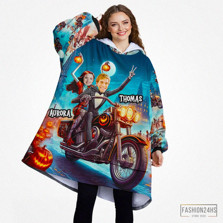 Fashion24Hs - Warm Blanket - Personalized Face & Name Harley Davidson Jack Sally Couple Halloween Snug Oversized Wearable Hoodie Blanket
