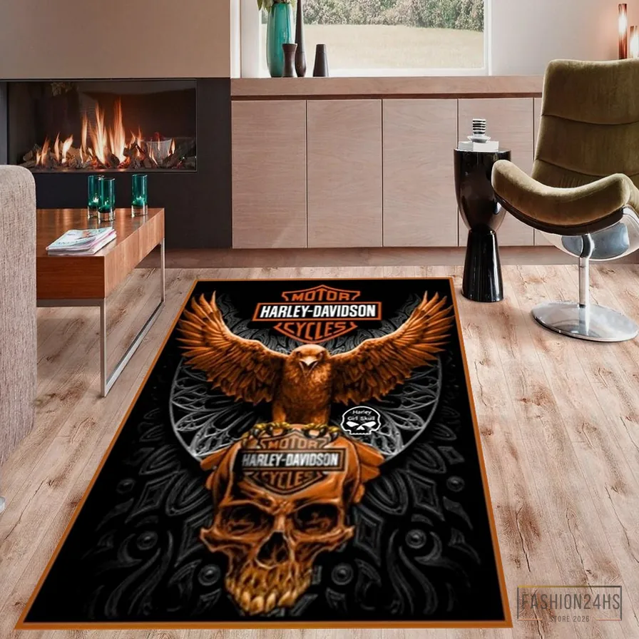 Fashion24Hs - Printed T - Shirt - Harley Rug - Garage Room Carpet - Harley Fans Rug - Harley Davidson Rug - Teens Room Rug - Living Room Rug - Custom Rug - Game Room Rug Version 3