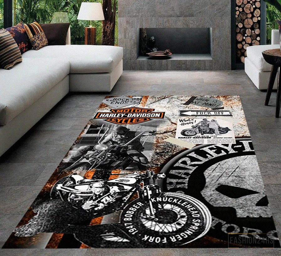 Fashion24Hs - Printed T - Shirt - Harley Rug - Garage Room Carpet - Harley Fans Rug - Harley Davidson Rug - Teens Room Rug - Living Room Rug - Custom Rug - Game Room Rug Version 22
