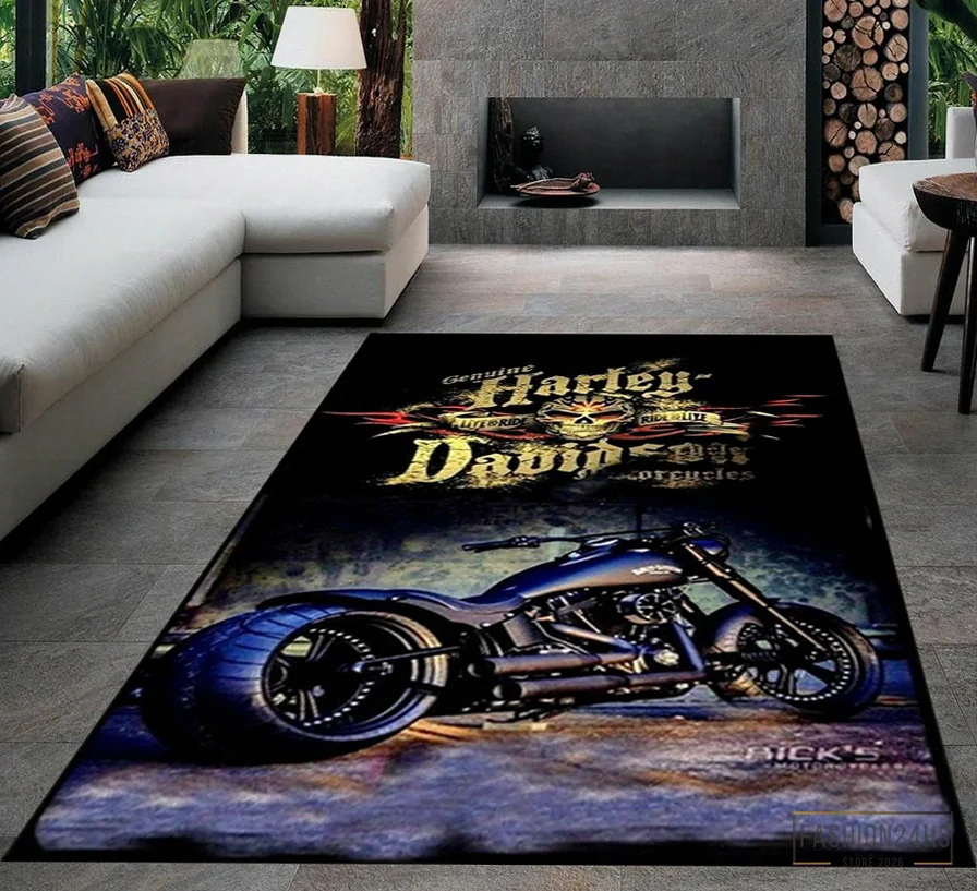 Fashion24Hs - Printed T - Shirt - Harley Rug - Garage Room Carpet - Harley Fans Rug - Harley Davidson Rug - Teens Room Rug - Living Room Rug - Custom Rug - Game Room Rug Version 29