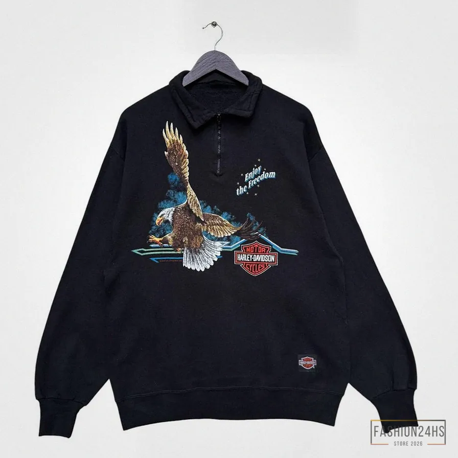 Fashion24Hs - Printed Hoodie - Vintage 90S Harley Davidson Motorcycle Pullover Sweater - Motorcycle Apparel - Retro Half Zip Sweater