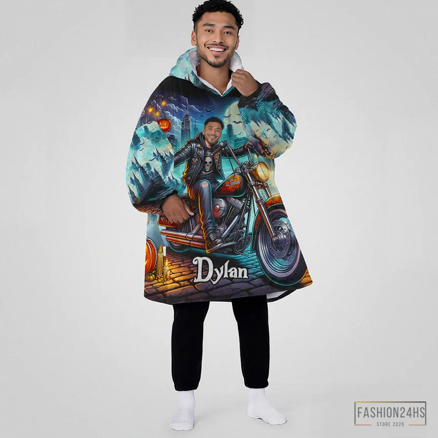 Fashion24Hs - Warm Blanket - Personalized Face & Name Harley Motor Biker Boy Halloween Snug Oversized Wearable Hoodie Blanket