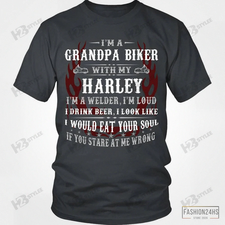 Fashion24Hs - Fleece Sweatshirt - Grandpa Biker With My Harley Happy Father'S Day Graphic Unisex T Shirt - Sweatshirt - Hoodie Size S - 5Xl