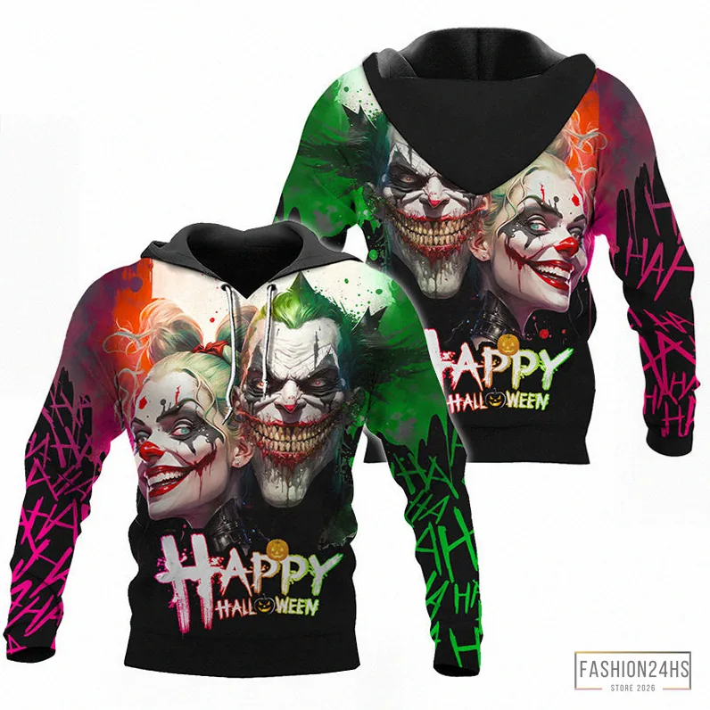 Fashion24Hs - Printed Hoodie - Joker And Harley Quinn Happy Halloween All Over Print Hoodie - Zip Hoodie