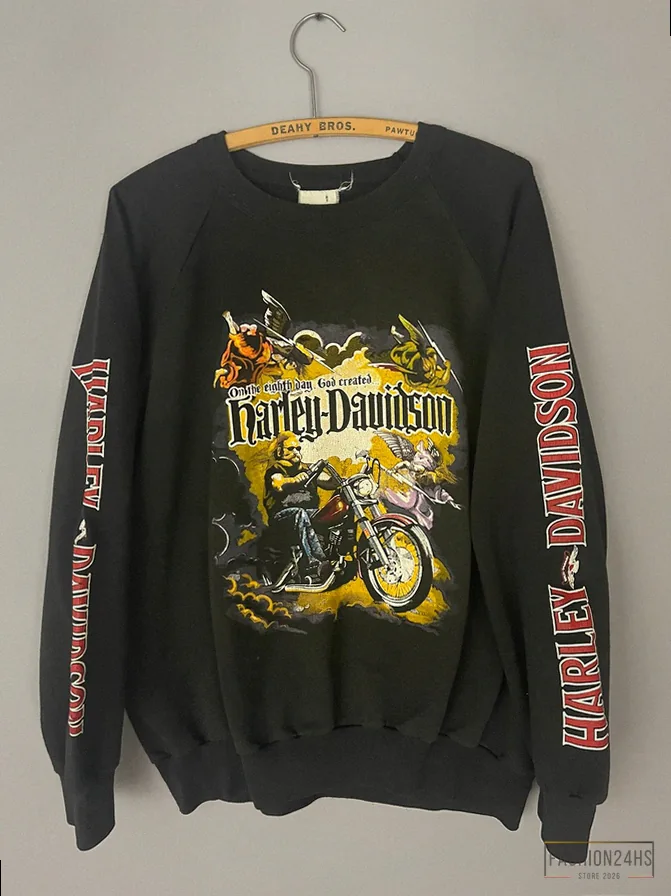 Fashion24Hs - Fleece Sweatshirt - Harley Davidson Rare Motorcycle 80’’ Sweatshirt ‘On The 8Th Day God Created Harley Davidson’ Long - Sleeve - Raglan