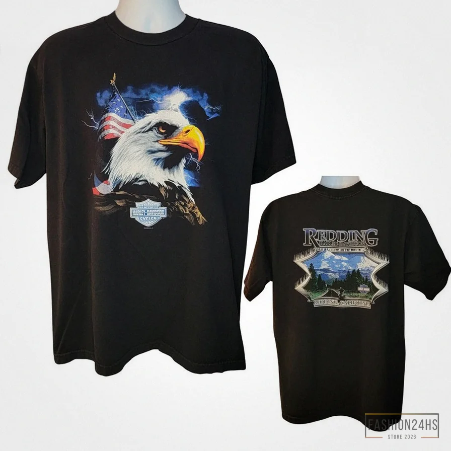 Fashion24Hs - Printed T - Shirt - Harley Davidson Vintage Tee - Redding - California - Harley Eagle & Usa Flag - Back Print - Holoubek Men'S Size Xl