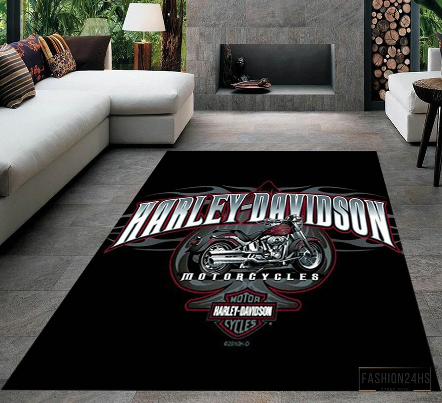 Fashion24Hs - Printed T - Shirt - Harley Rug - Garage Room Carpet - Harley Fans Rug - Harley Davidson Rug - Teens Room Rug - Living Room Rug - Custom Rug - Game Room Rug Version 19