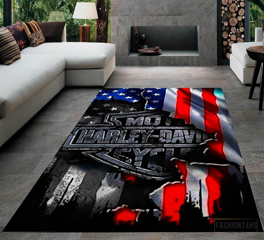 Fashion24Hs - Printed T - Shirt - Harley Rug - Garage Room Carpet - Harley Fans Rug - Harley Davidson Rug - Teens Room Rug - Living Room Rug - Custom Rug - Game Room Rug Version 11