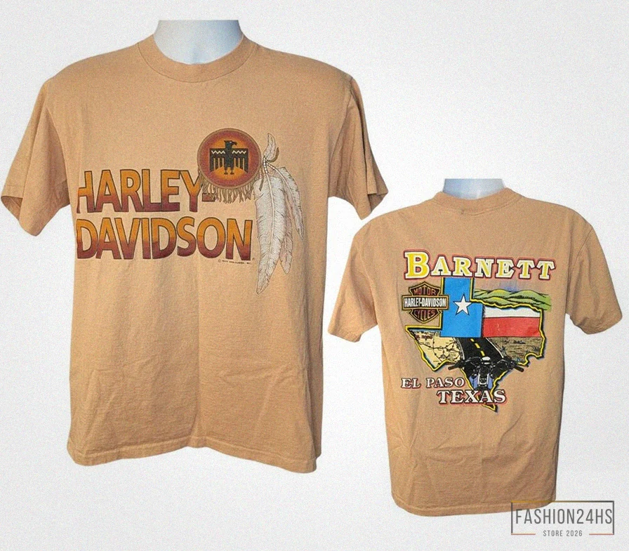 Fashion24Hs - Graphic Tee - 1991 Harley Davidson Tee - El Paso Texas - Barnett Harley Davidson - Single Stitch Beige T - Shirt - Back Print - Men'S Size Medium
